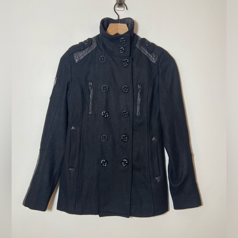 Affliction Live Fast Black Premium Wool Double Breasted Pea Coat Jacket Women XS